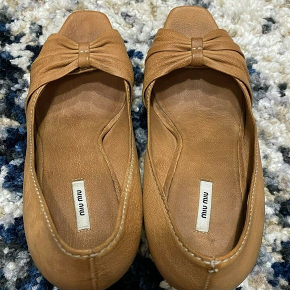 MIU MIU Womens Gorgeous Brown Tan Leather Bow Platform Peeptoe Pumps Heels 38.5 - Picture 10 of 12
